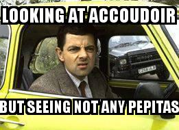 Mr Bean in Yellow Car with the caption looking at Accoudoir but seeing not any pepitas
